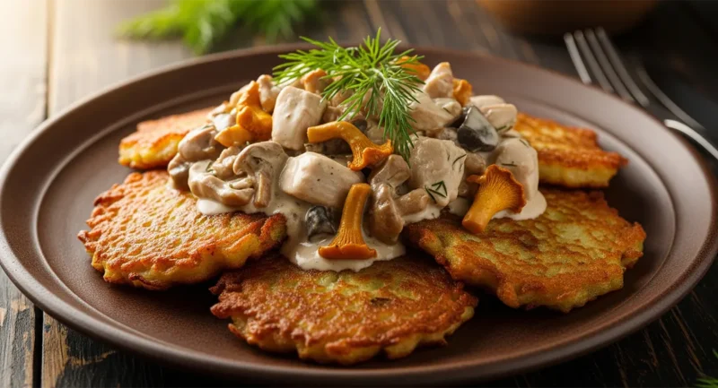 Crispy Potato Pancakes with Creamy Chicken and Wild Mushroom Sauce
