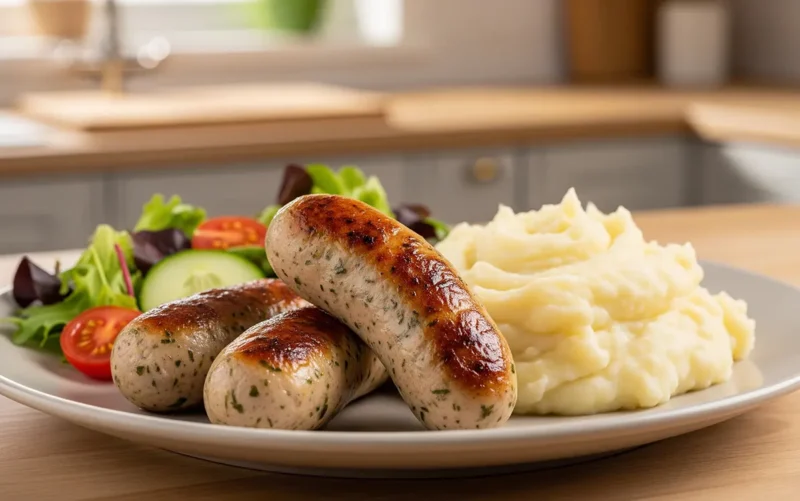 A professional shot of juicy homemade chicken sausages served with creamy mashed potatoes and a fresh side salad on a rustic plate