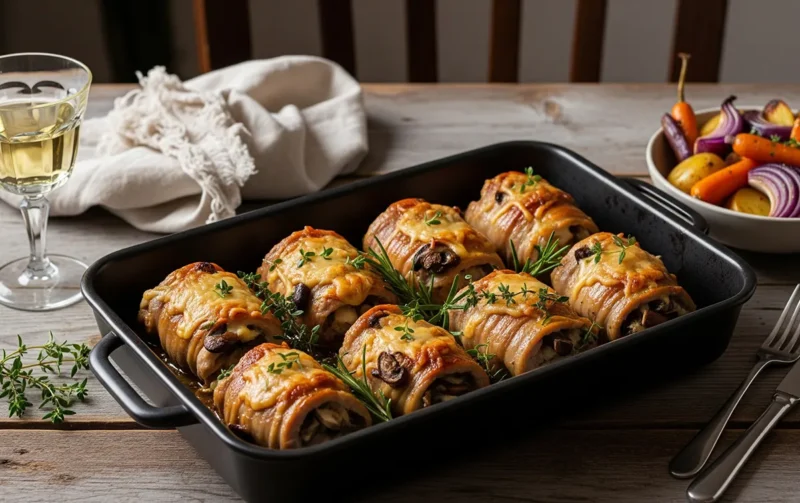 Savory Pork Wrapped Bake Stuffed with Mushrooms, Cheese, and Herbs