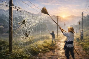 How Morning Spider Webs Make Telegraphs Go Silent in Japan