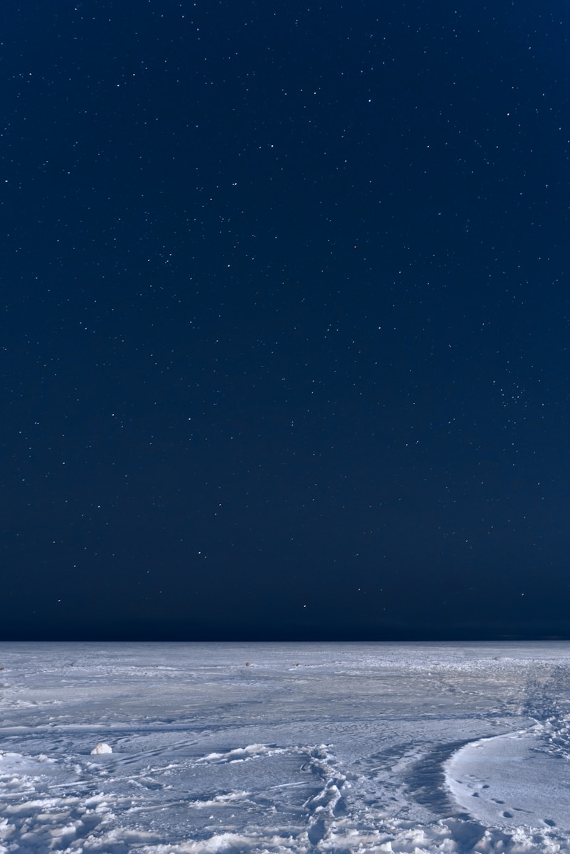 the night sky is full of stars above a vast expanse of snow