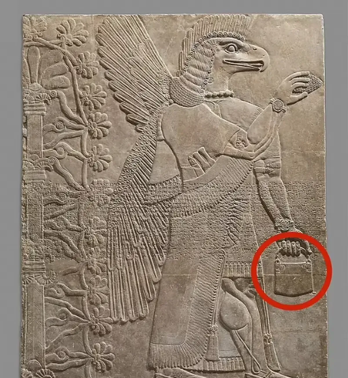 Why are modern women's handbags depicted on ancient monuments?