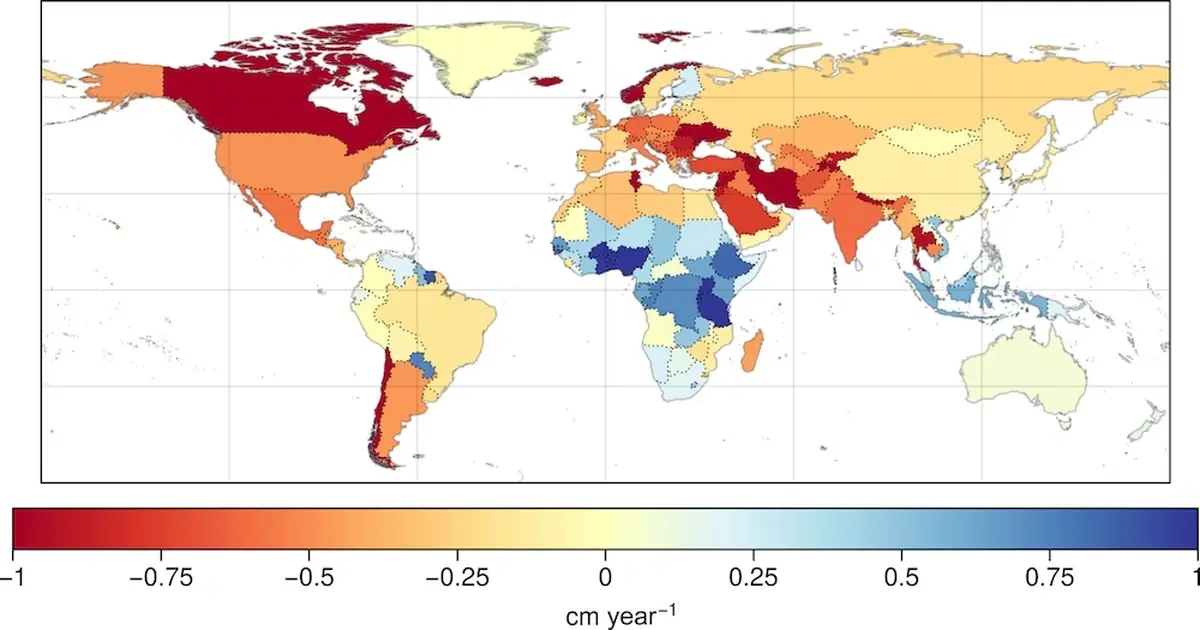Trends in terrestrial water accumulation (February 2003 – April 2024), averaged for each country. (Chandanpurkar et al., Sci. Adv., 2025)