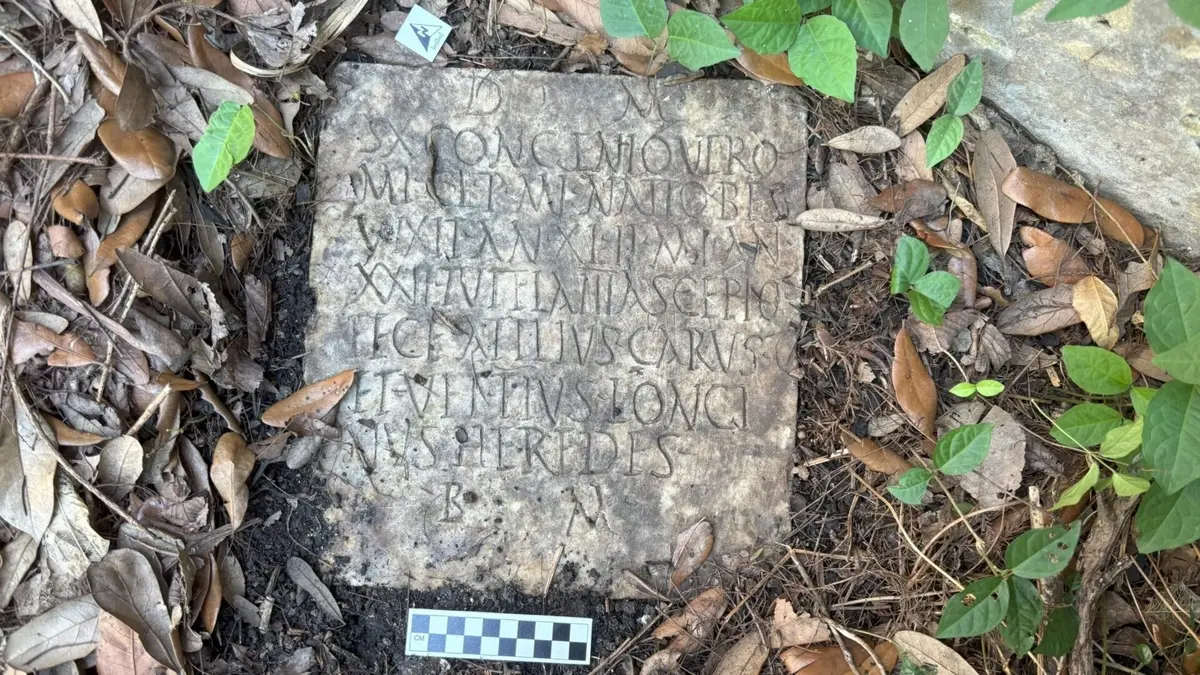 ancient Roman tombstone in the garden