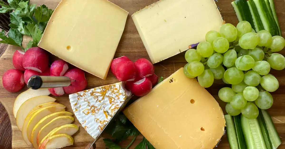 cheeses on a board