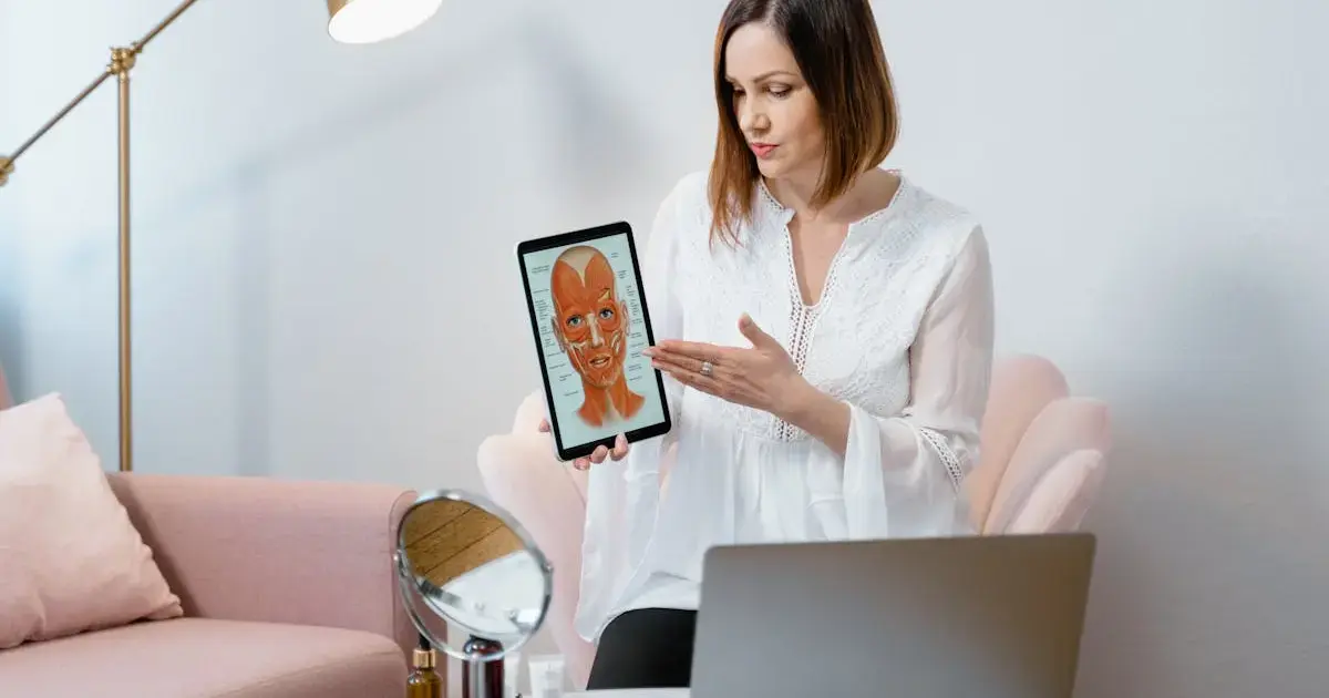 A woman shows an image of a face