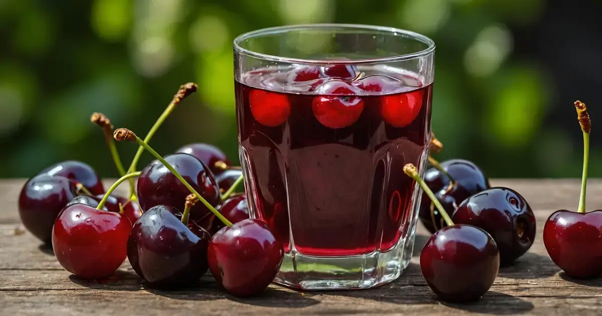 cherries, cherry juice in a glass