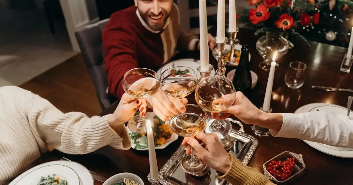 people with glasses at a Christmas table