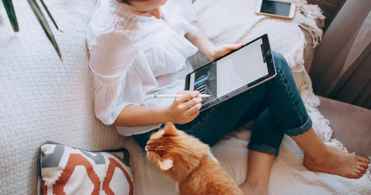 woman with a laptop and cat on the bed