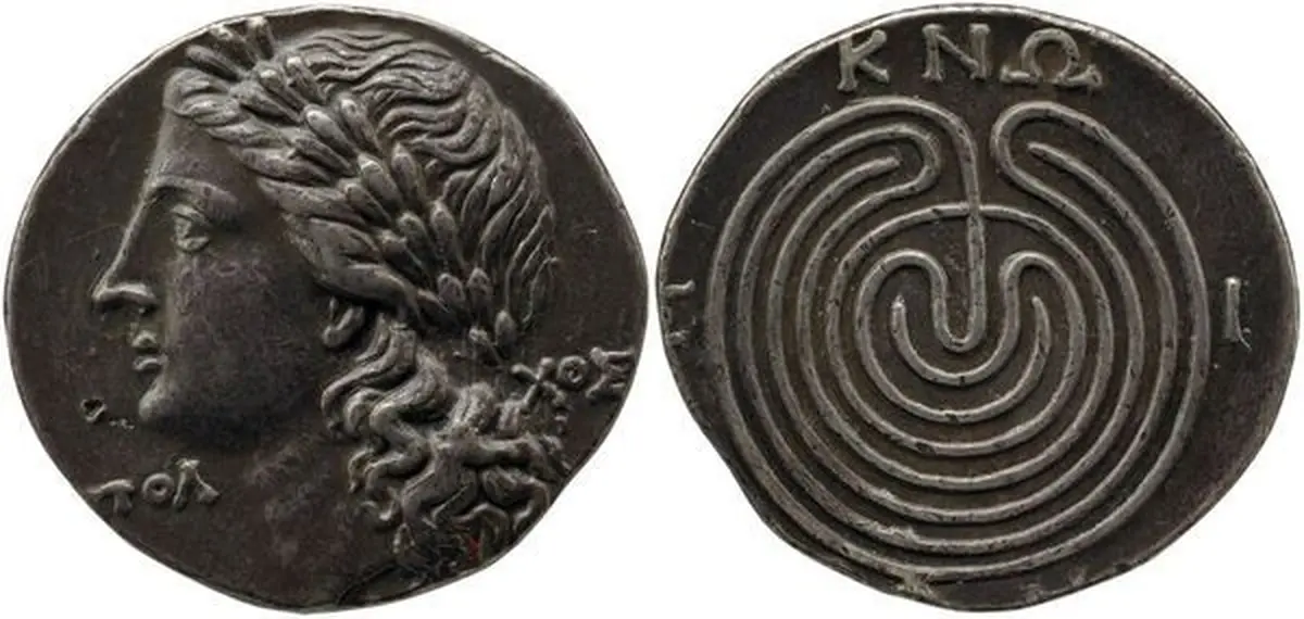 Ancient Cretan coin featuring a labyrinth