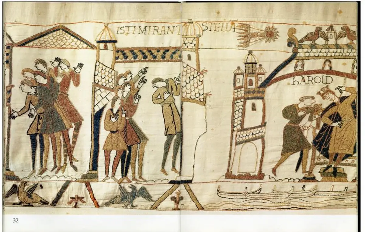 A fragment of the Bayeux tapestry, where people point to what we now know as Halley's Comet. The Latin text translates to 'These (people) admire the star'.