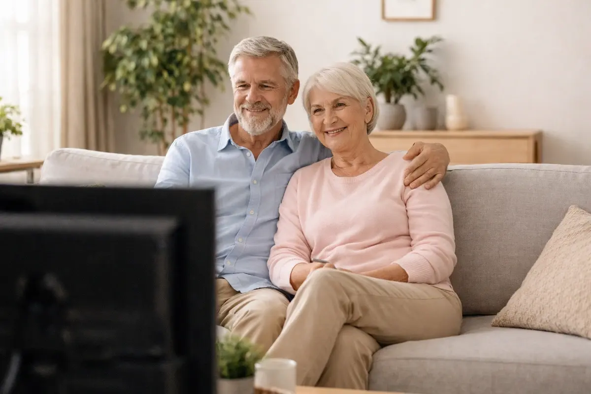 An elderly man and woman sitting on a couch in front of the television