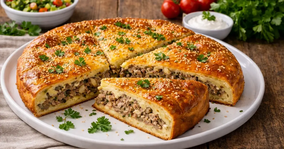 Savory pie with minced meat and cheese on kefir – quick recipe in the oven in 40 minutes