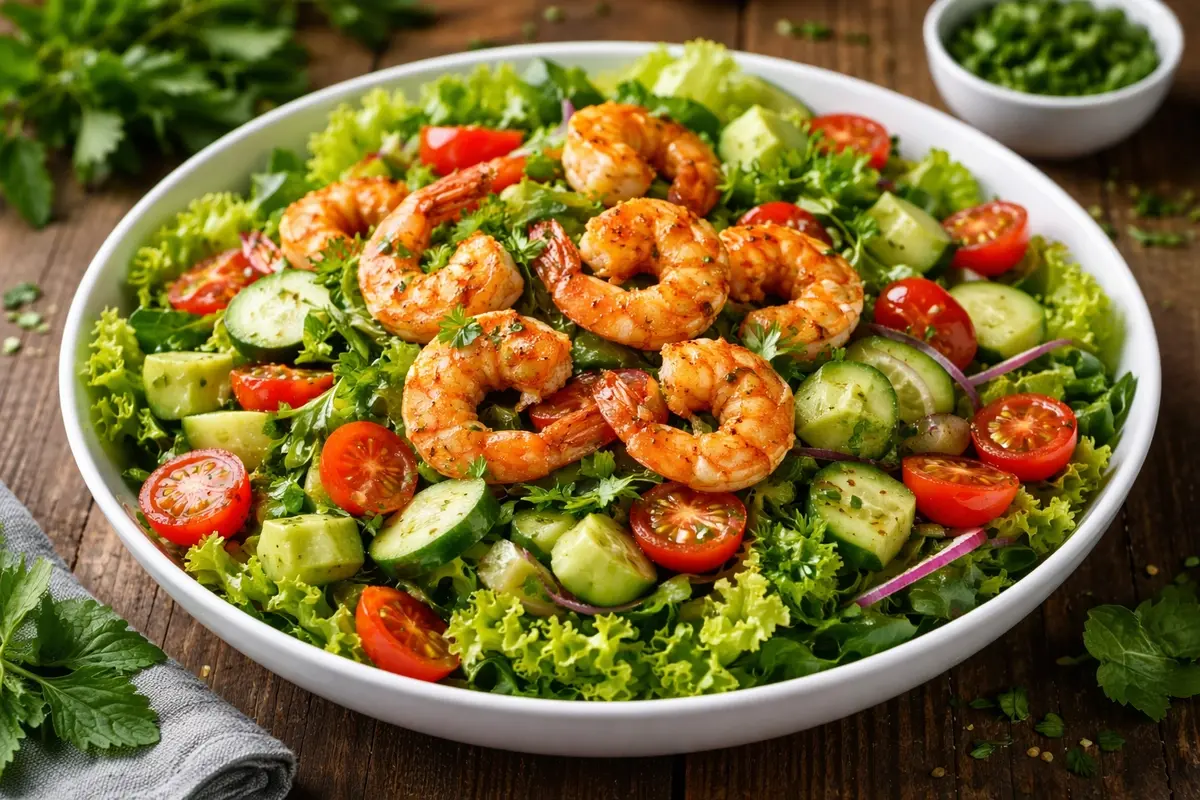Vegetable salad with shrimp recipe with olive oil