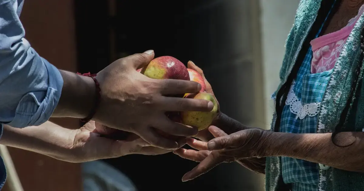 One person giving apples to another