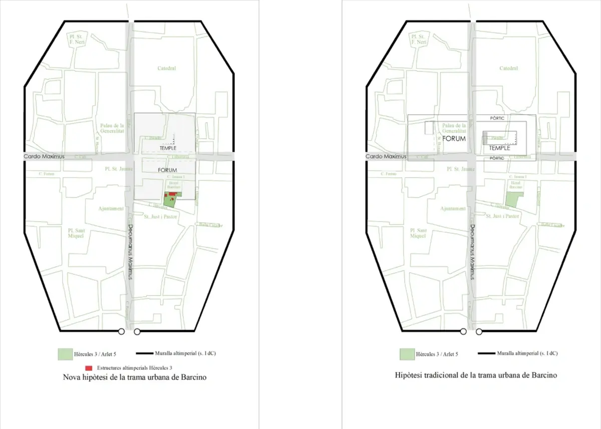 Left: New hypothesis for the Barcino forum. Right: Traditional hypothesis for the Barcino forum. Illustrations by Jordi Amorós (AGER Archaeology)