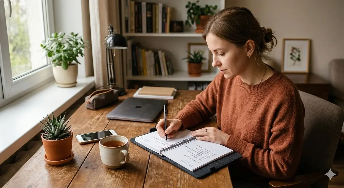 Woman writing daily tasks in a planner