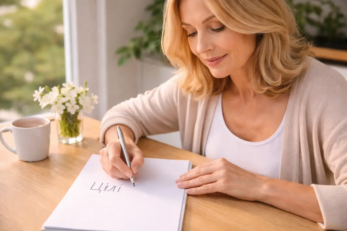 A woman at a table writing her spring goals