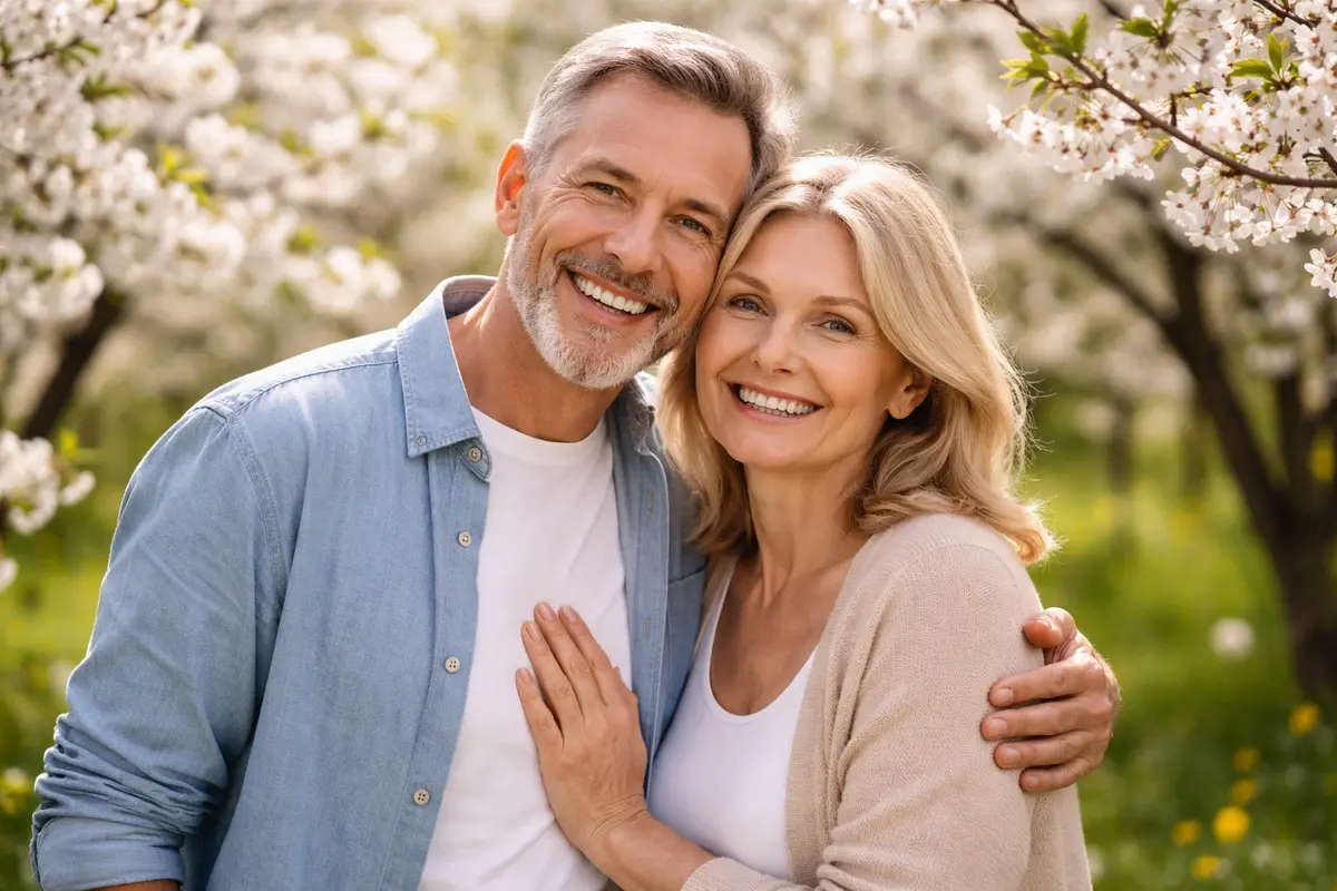 A man and a woman in a blooming garden