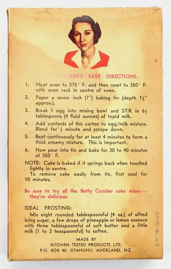 Image of Betty Crocker on the back of a pineapple cake mix box, New Zealand. 1940s