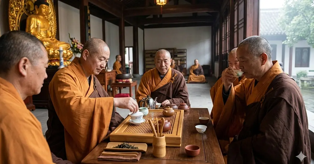 Chinese monks drinking tea