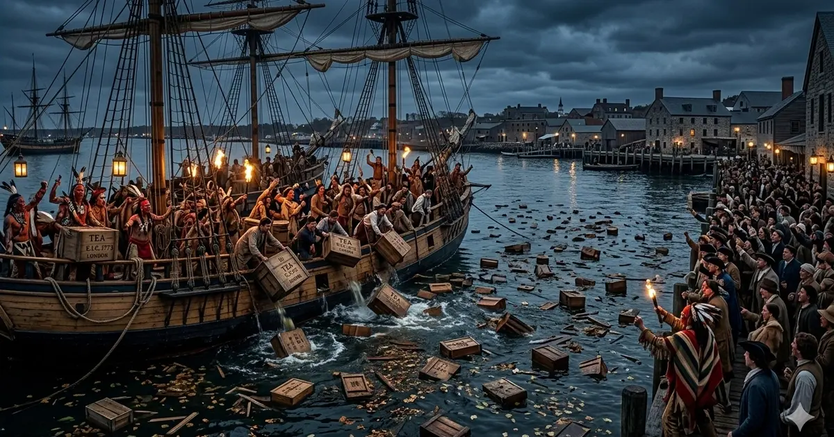 Boston Harbor, chests of tea being thrown overboard