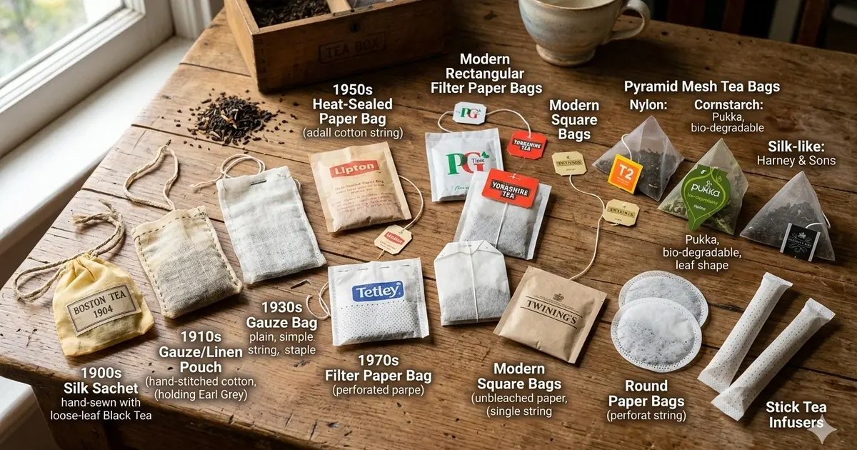 Tea bags of various types, made from different materials - modern and ancient