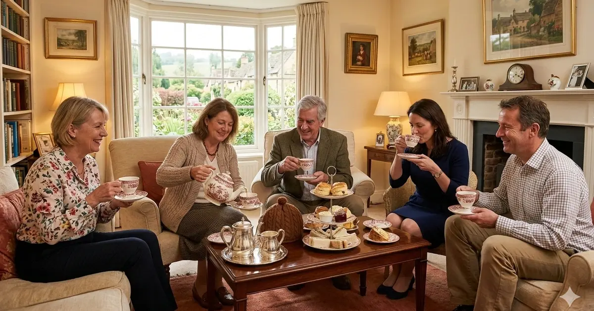 A group of people at home enjoying tea with sweets
